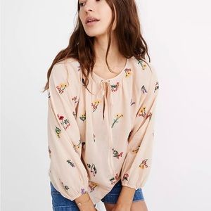 Madewell Botanical Embroidered Tie-Neck Peasant Top. Size medium.